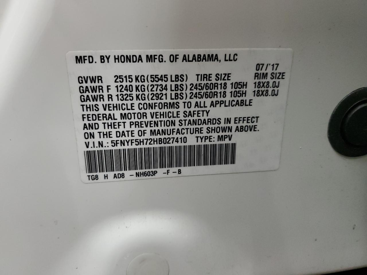 2017 Honda Pilot VIN 5FNYF5H72HB027410 Copart auction photo, front end damage thumbnail 13