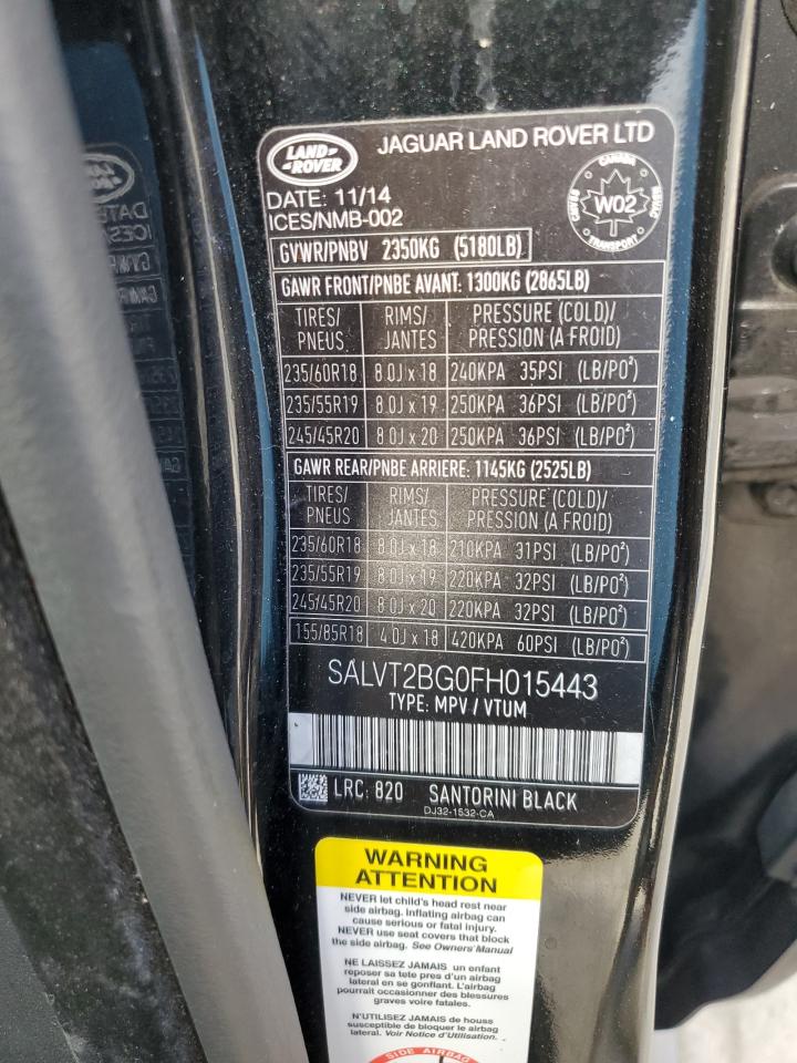 2015 Land Rover Range Rover VIN SALVT2BG0FH015443 Copart auction photo, normal wear damage thumbnail 14