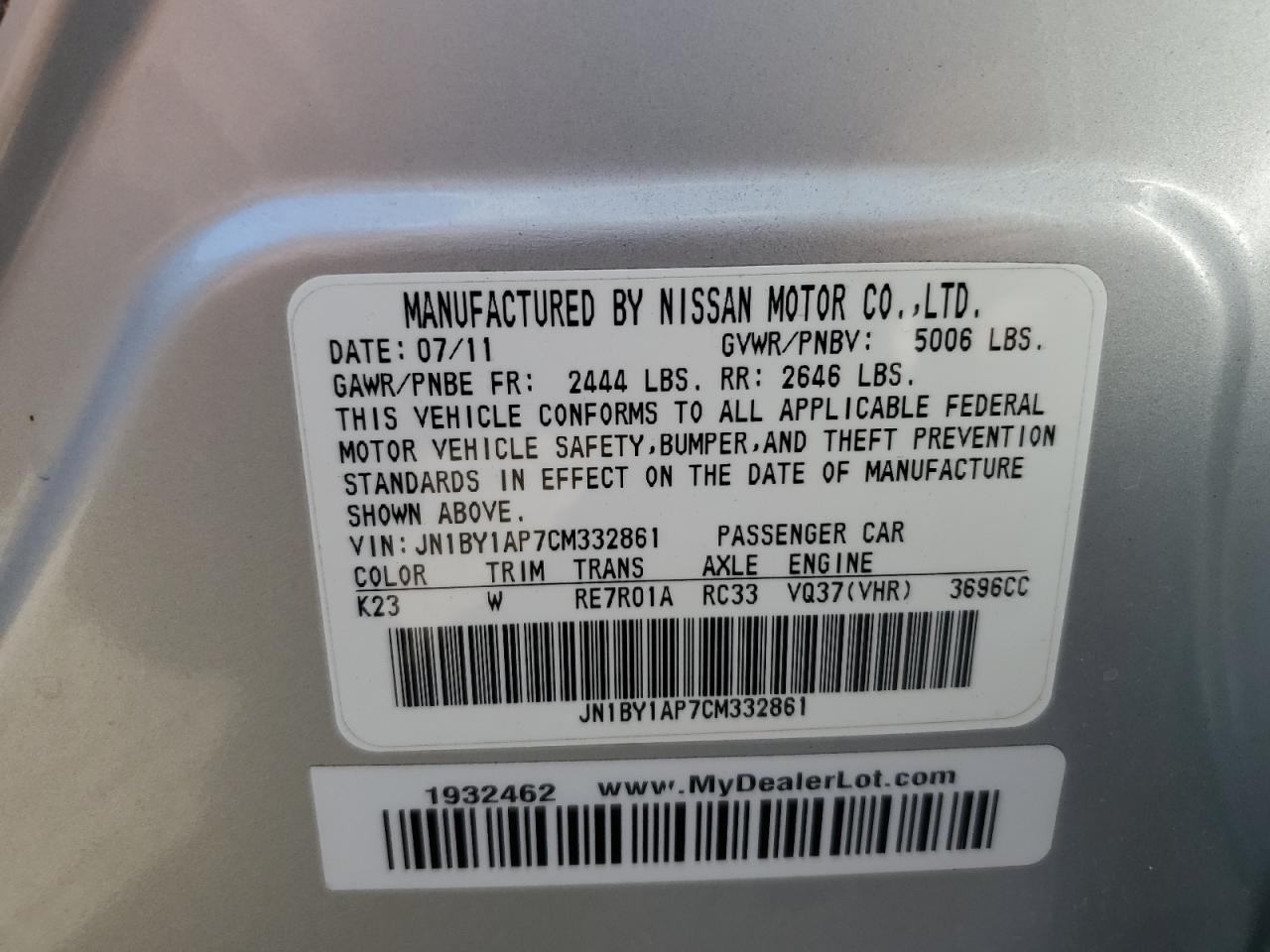 2012 Infiniti M VIN JN1BY1AP7CM332861 Copart auction photo, rear end damage thumbnail 13
