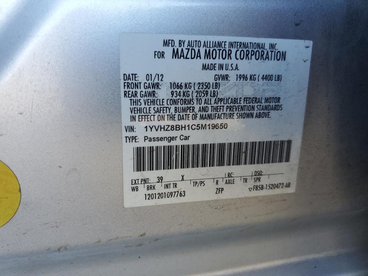 2012 Mazda 6 VIN 1YVHZ8BH1C5M19650 Copart auction photo, side / rear end damage thumbnail 12