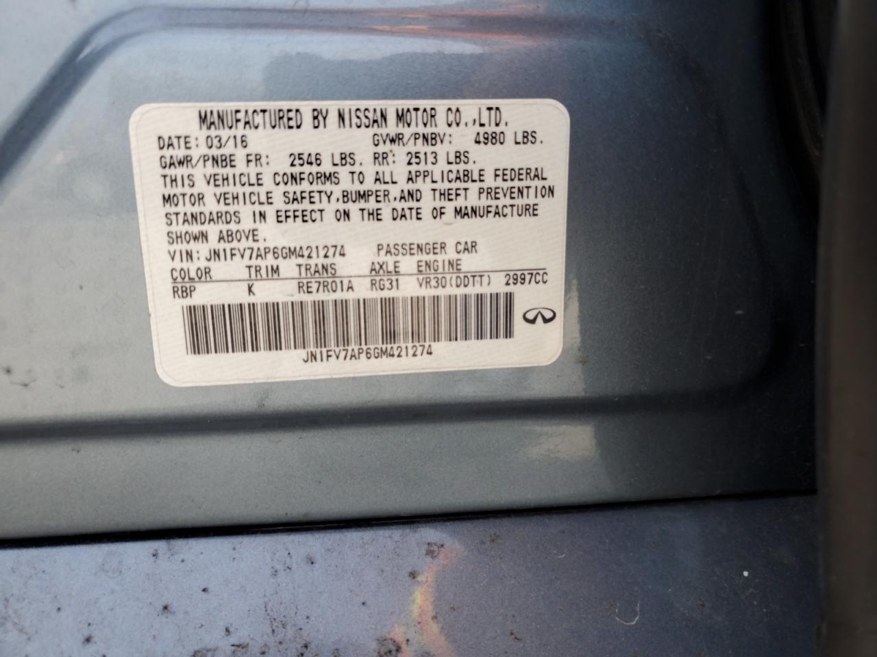 2016 Infiniti Q50 VIN JN1FV7AP6GM421274 Copart auction photo, front end damage thumbnail 13