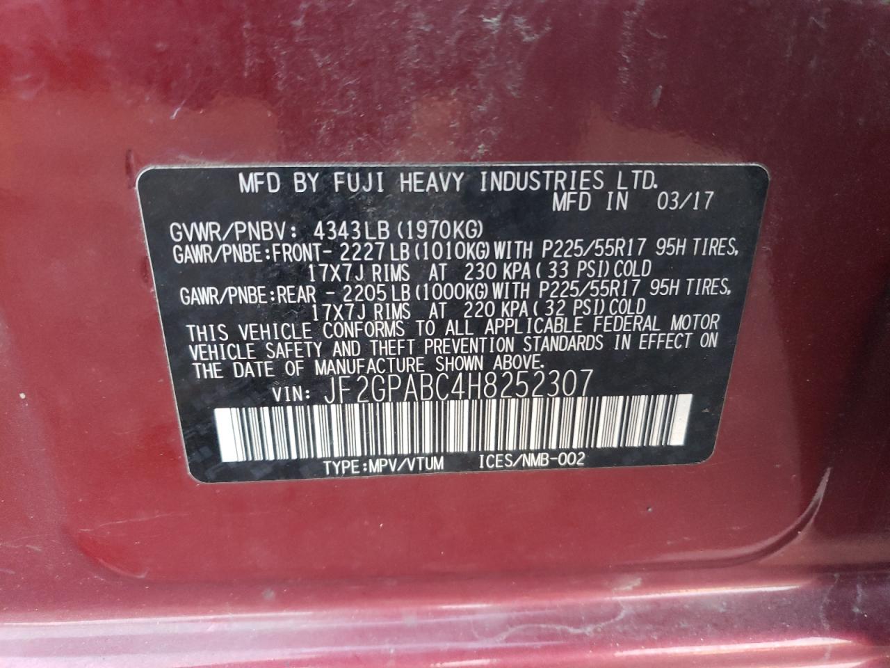 2017 Subaru XV VIN JF2GPABC4H8252307 Copart auction photo, front end / minor dent/scratches damage thumbnail 13