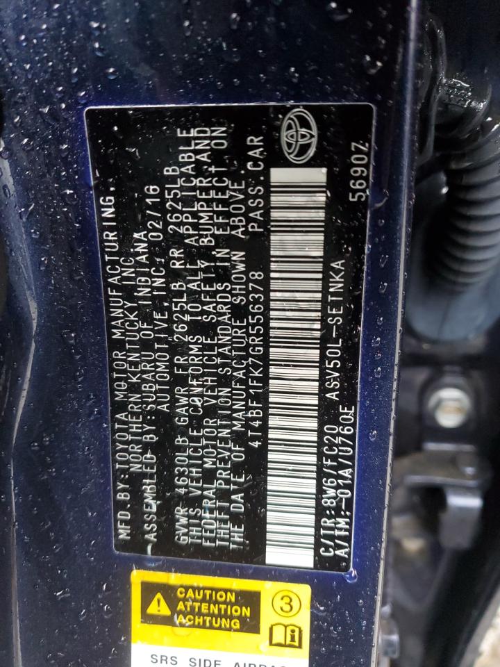 2016 Toyota Camry VIN 4T4BF1FK7GR556378 Copart auction photo, front end / side damage thumbnail 12