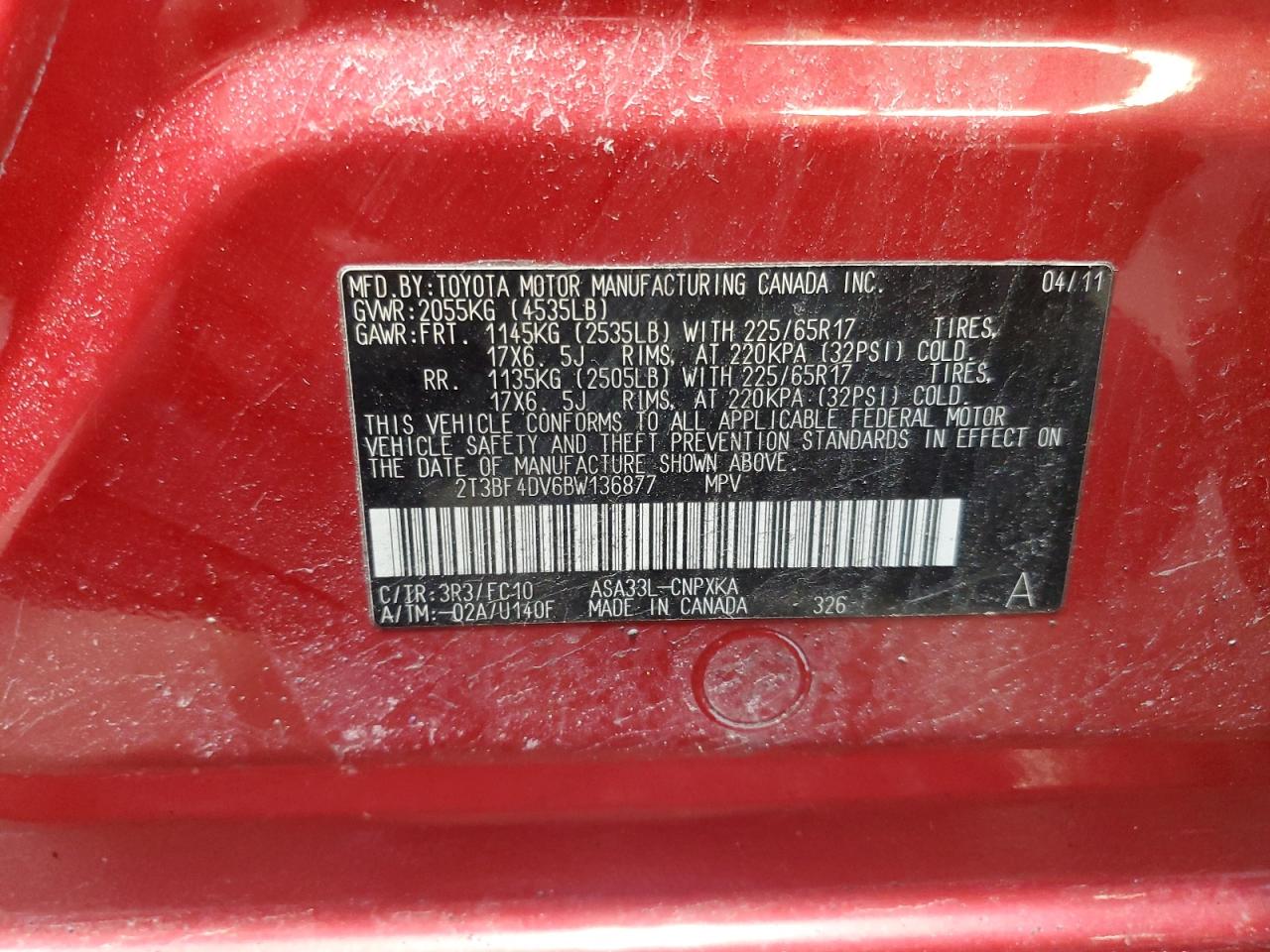 2011 Toyota RAV 4 VIN 2T3BF4DV6BW136877 Copart auction photo, front end / side damage thumbnail 13