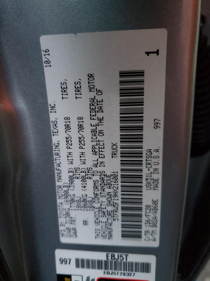 2017 Toyota Tundra VIN 5TFRW5F19HX216001 Copart auction photo, rear end damage thumbnail 12