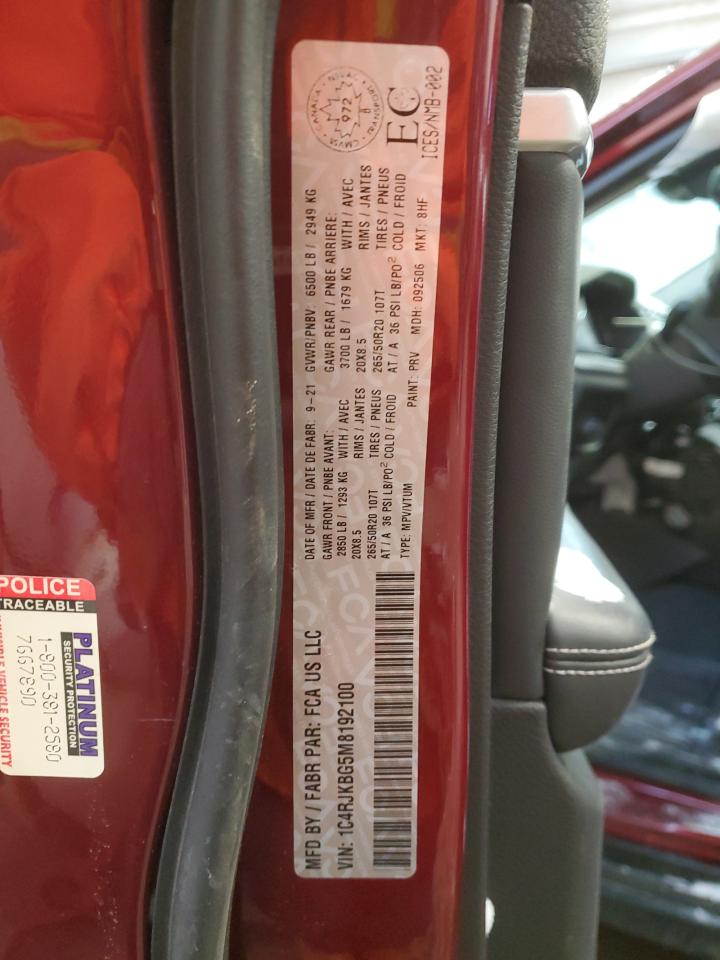 2021 Jeep Grand Cherokee VIN 1C4RJKBG5M8192100 Copart auction photo, front end / side damage thumbnail 13