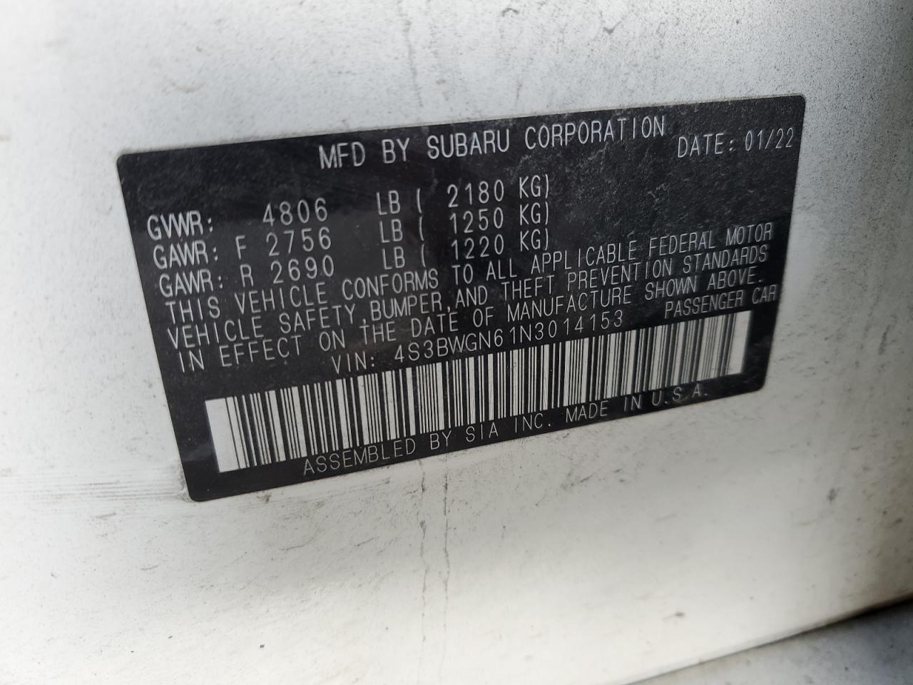 2022 Subaru Legacy VIN 4S3BWGN61N3014153 Copart auction photo, front end / all over damage thumbnail 15