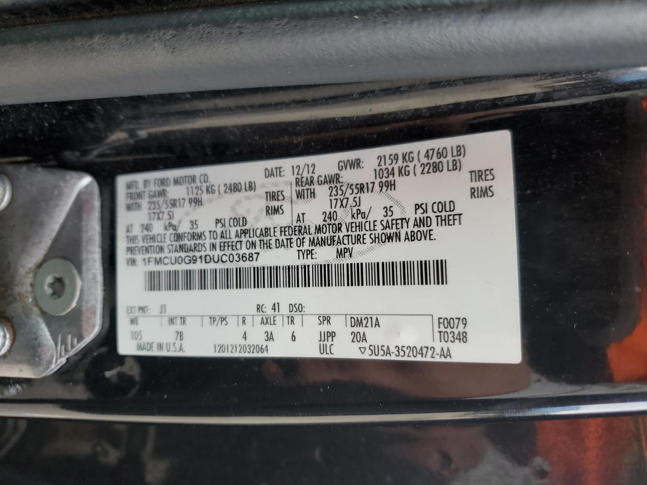 2013 Ford Escape VIN 1FMCU0G91DUC03687 Copart auction photo, front end / side damage thumbnail 13