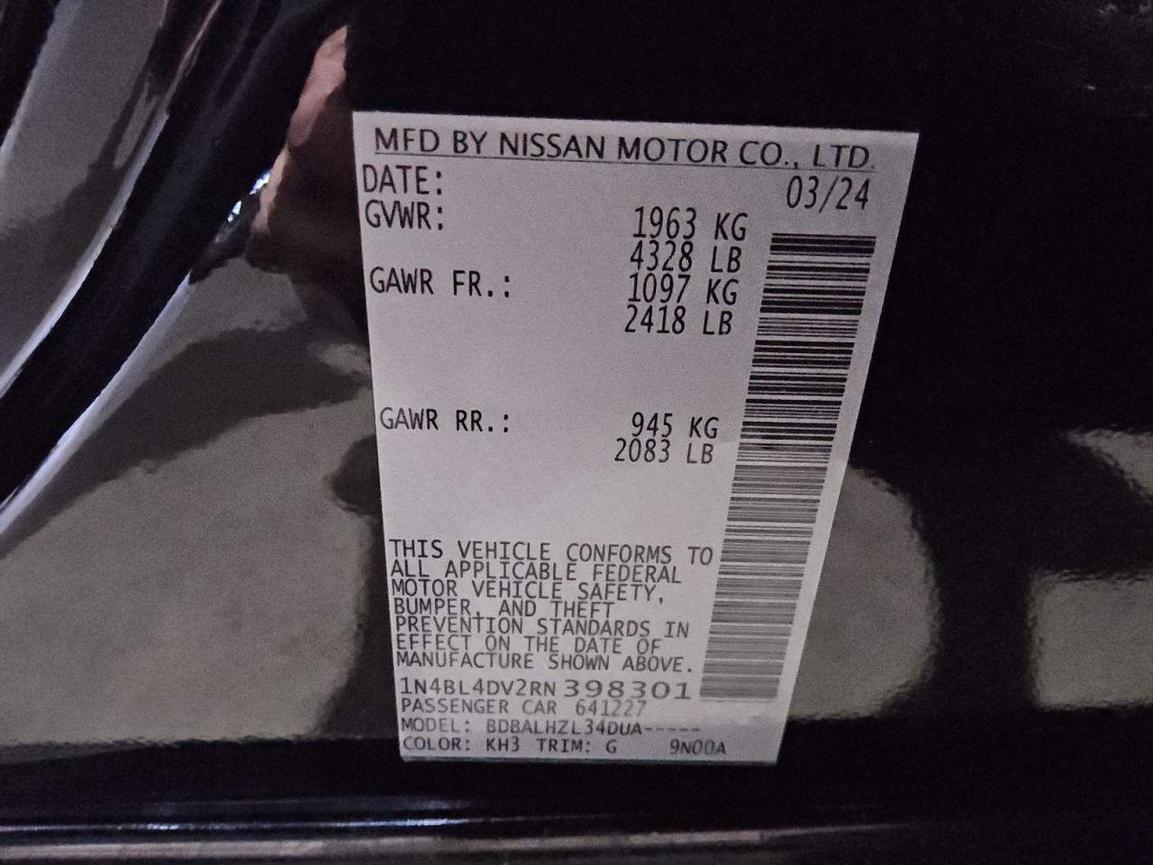 2024 Nissan Altima VIN 1N4BL4DV2RN398301 Copart auction photo, front end damage thumbnail 13