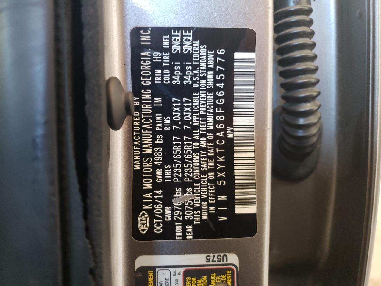 2015 KIA Sorento VIN 5XYKTCA68FG645776 Copart auction photo, front end damage thumbnail 13