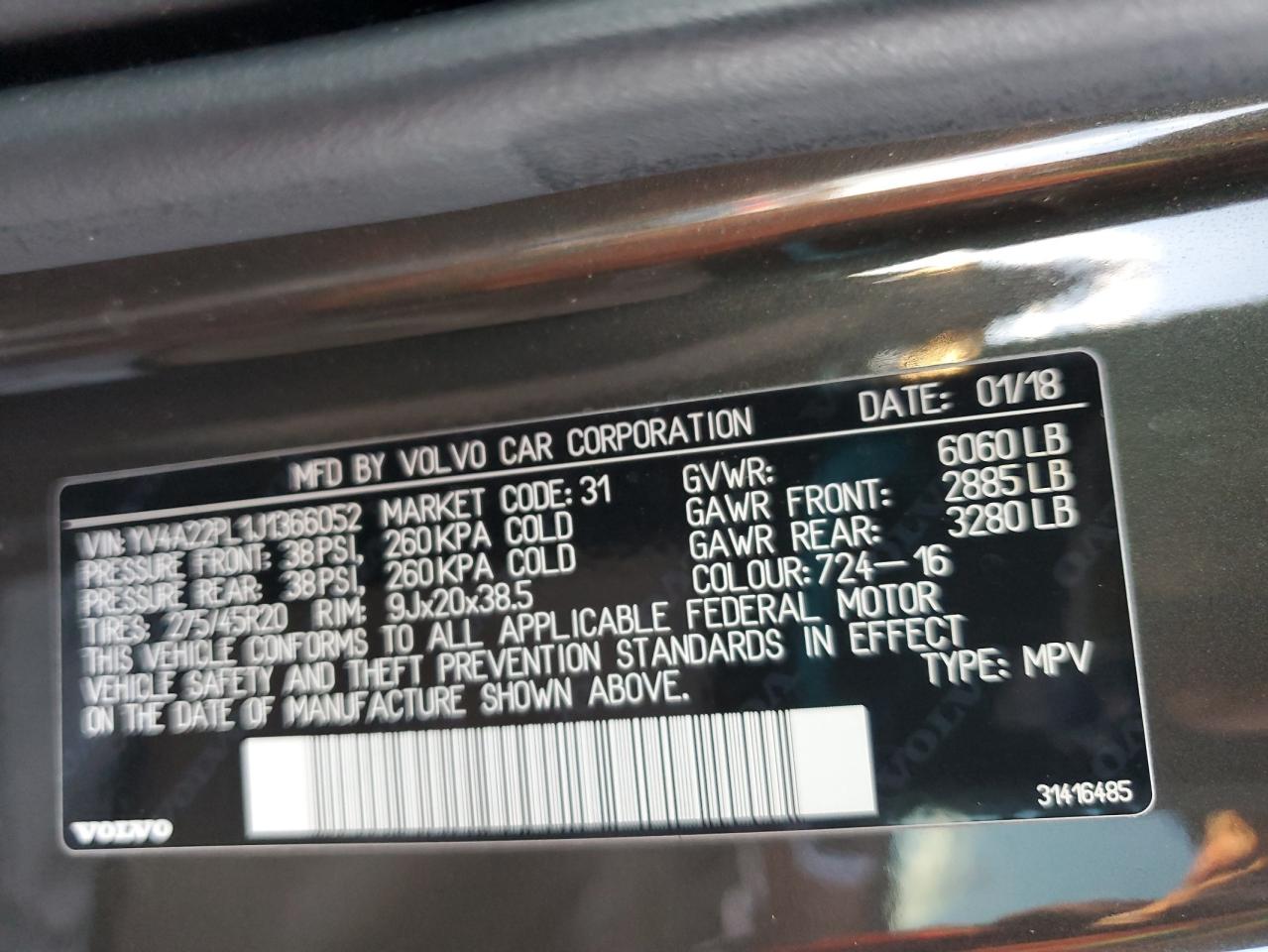 2018 Volvo XC90 VIN YV4A22PL1J1366052 Copart auction photo, front end / side damage thumbnail 13