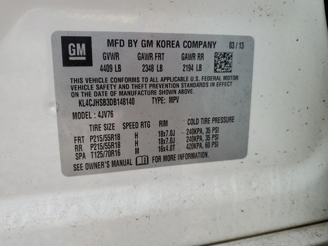 2013 Buick Encore VIN KL4CJHSB3DB148140 Copart auction photo, front end damage thumbnail 15