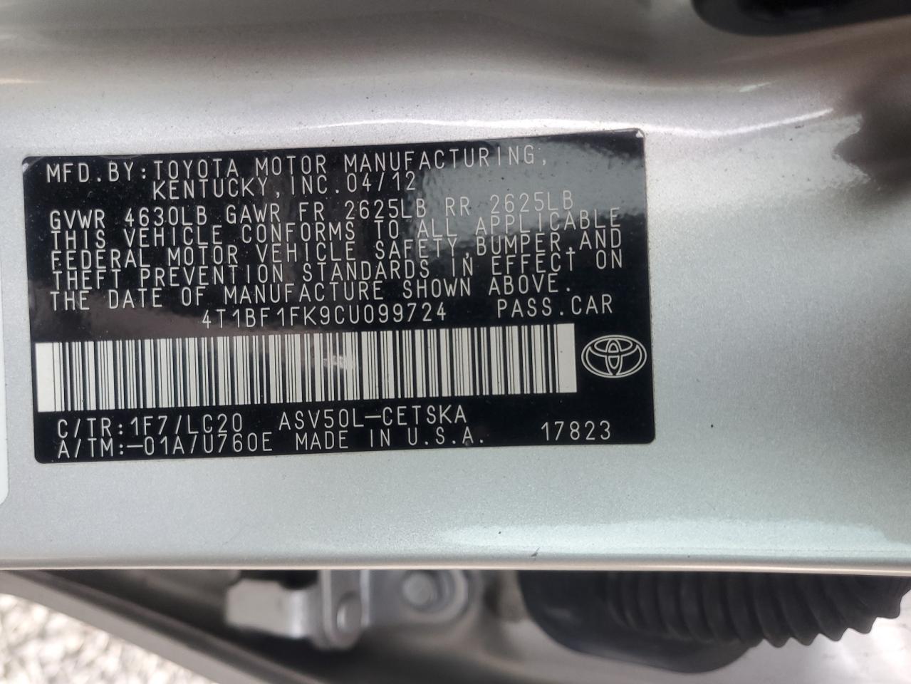 2012 Toyota Camry VIN 4T1BF1FK9CU099724 Copart auction photo, front end / rear end damage thumbnail 12