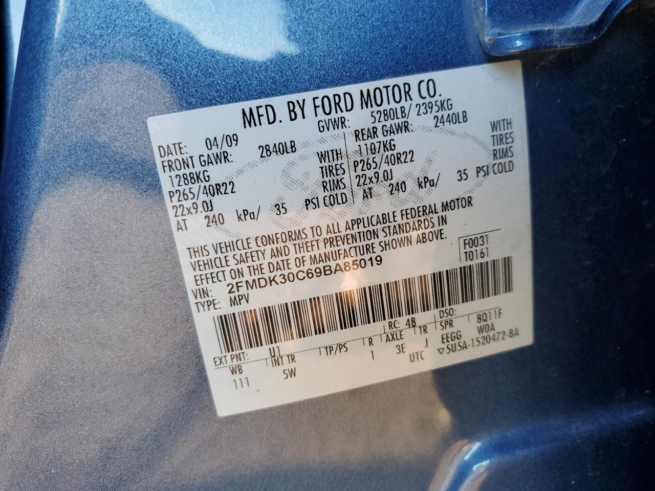 2009 Ford Edge VIN 2FMDK30C69BA85019 Copart auction photo, rear end damage thumbnail 13