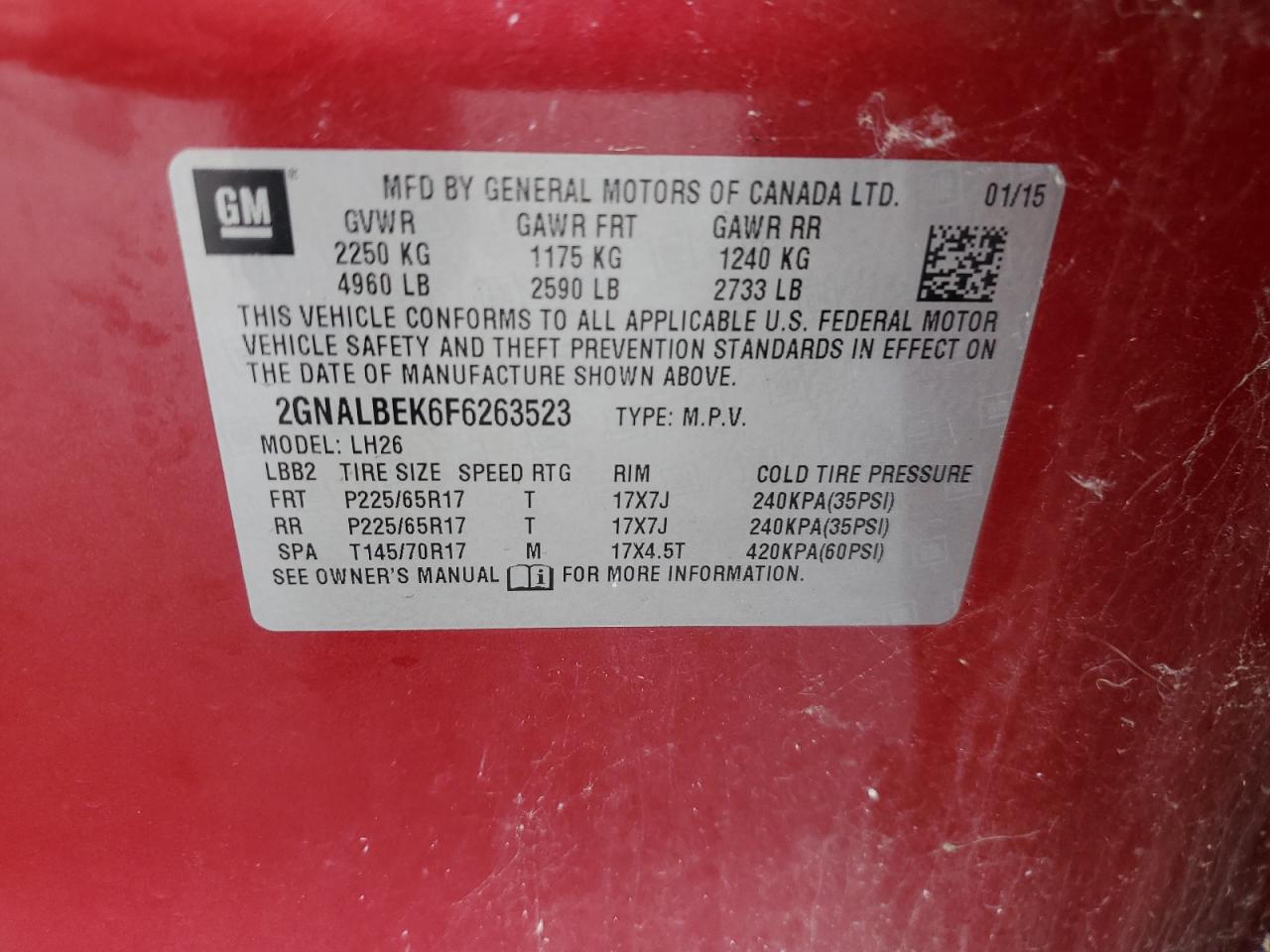 2015 Chevrolet Equinox VIN 2GNALBEK6F6263523 Copart auction photo, front end damage thumbnail 14
