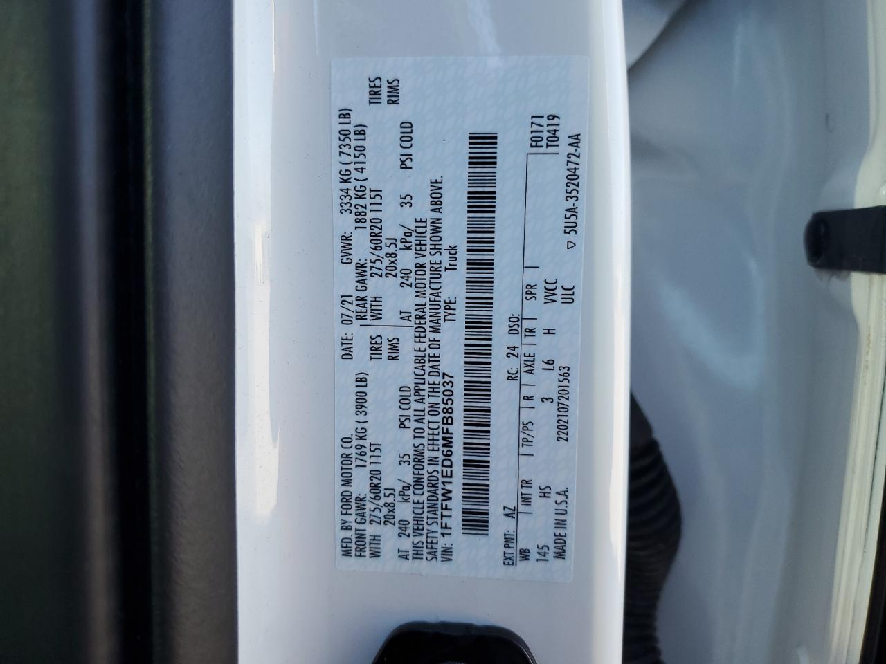 2021 Ford F-150 VIN 1FTFW1ED6MFB85037 Copart auction photo, water/flood damage thumbnail 13