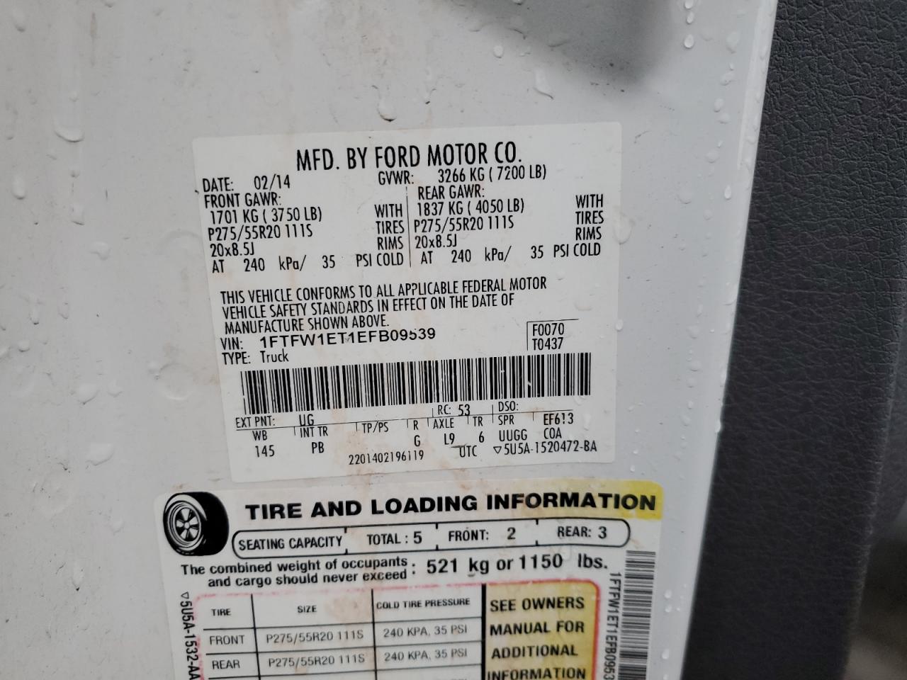 2014 Ford F-150 VIN 1FTFW1ET1EFB09539 Copart auction photo, front end / side damage thumbnail 12