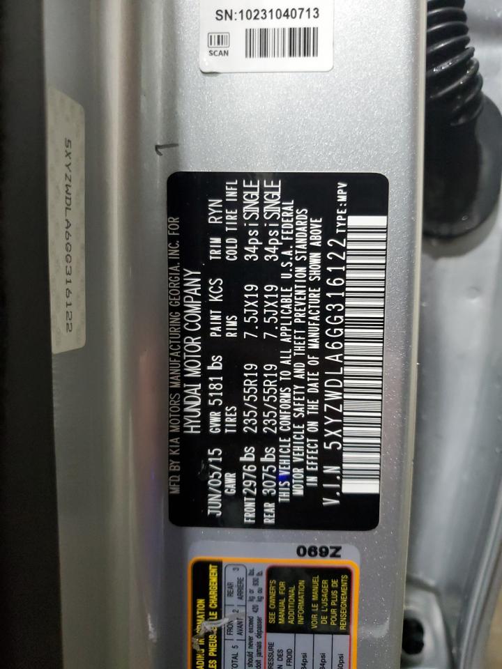 2016 Hyundai Santa Fe VIN 5XYZWDLA6GG316122 Copart auction photo, front end damage thumbnail 14
