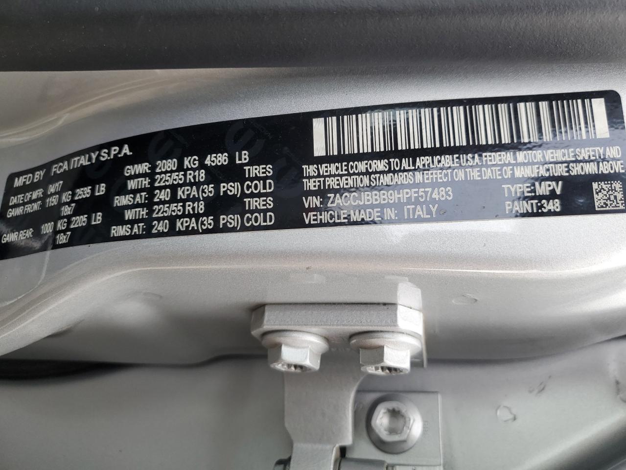 2017 Jeep Renegade VIN ZACCJBBB9HPF57483 Copart auction photo, front end / side damage thumbnail 14