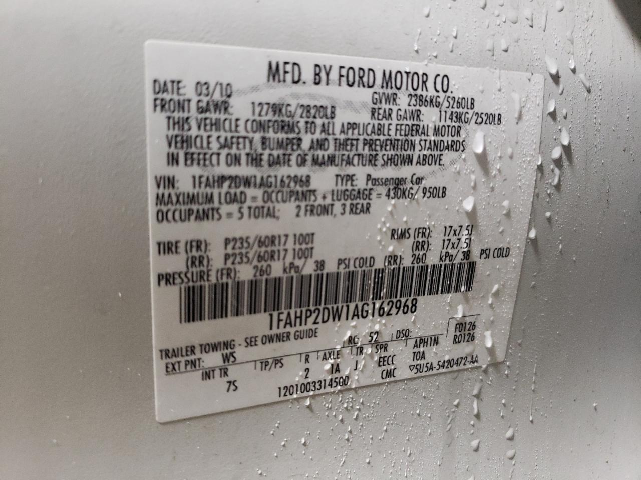 2010 Ford Taurus VIN 1FAHP2DW1AG162968 Copart auction photo, front end damage thumbnail 12