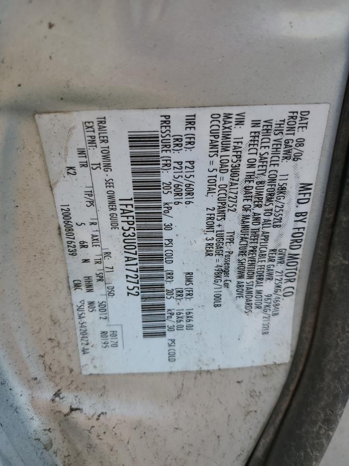 2007 Ford Taurus VIN 1FAFP53U07A172752 Copart auction photo, front end / minor dent/scratches damage thumbnail 12
