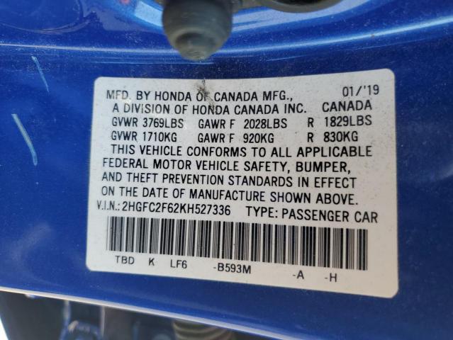 2019 Honda Civic VIN 2HGFC2F62KH527336 Copart auction photo, side damage thumbnail 12