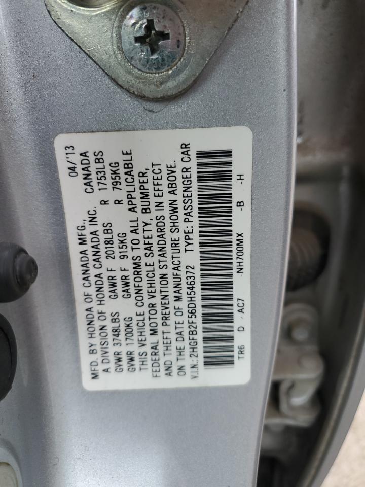 2013 Honda Civic VIN 2HGFB2F56DH546372 Copart auction photo, side damage thumbnail 13