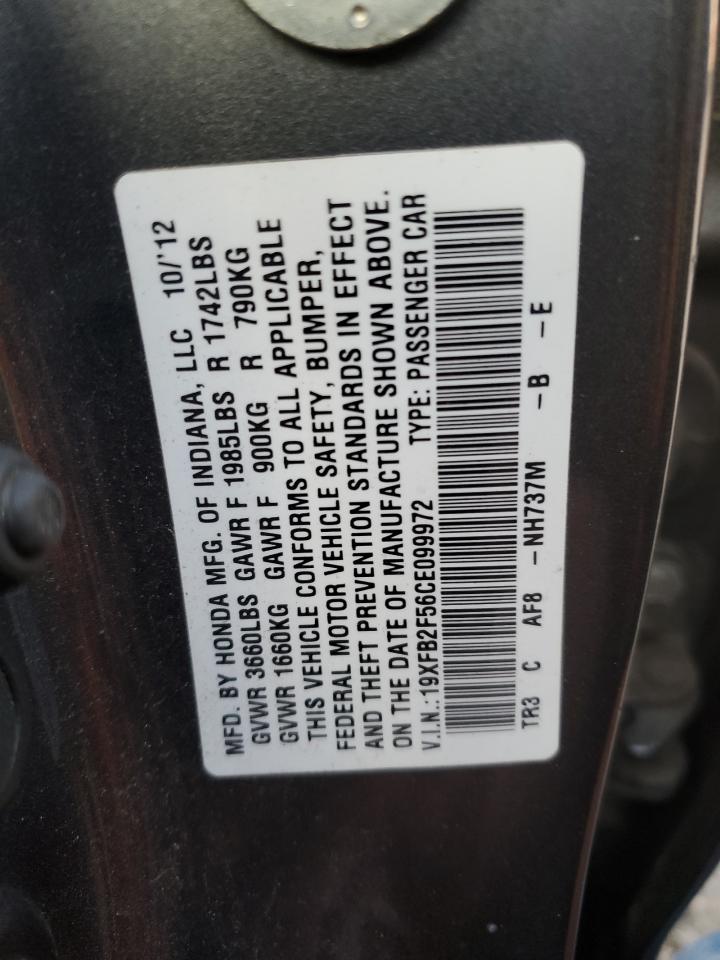 2012 Honda Civic VIN 19XFB2F56CE099972 Copart auction photo, front end / rear end damage thumbnail 12