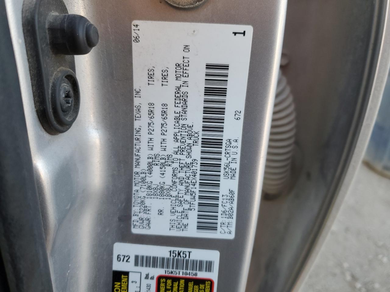 2014 Toyota Tundra VIN 5TFUW5F14EX401739 Copart auction photo, front end damage thumbnail 15