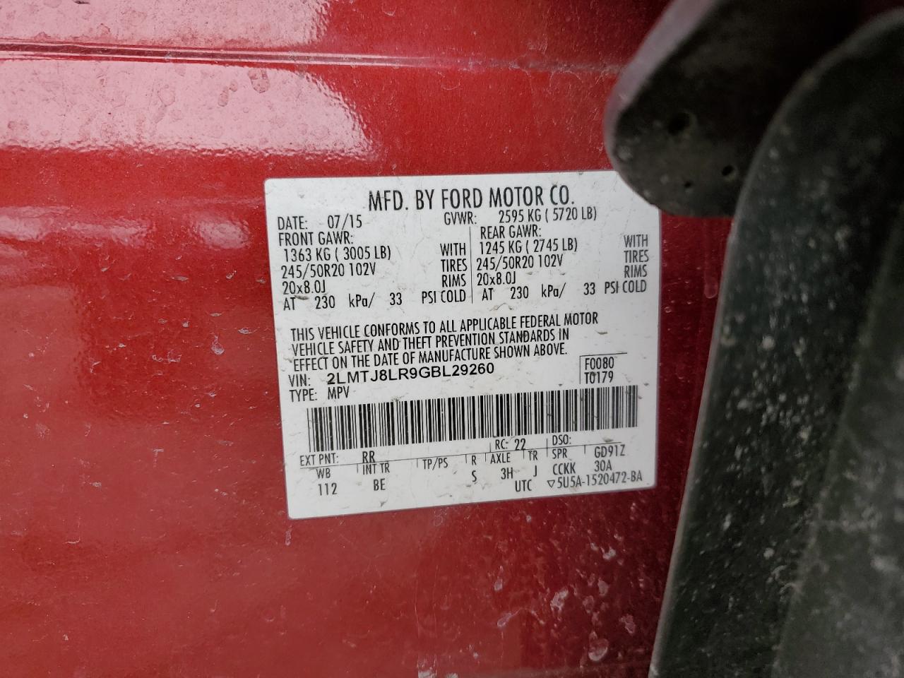 2016 Lincoln MKX VIN 2LMTJ8LR9GBL29260 Copart auction photo, rear end damage thumbnail 14