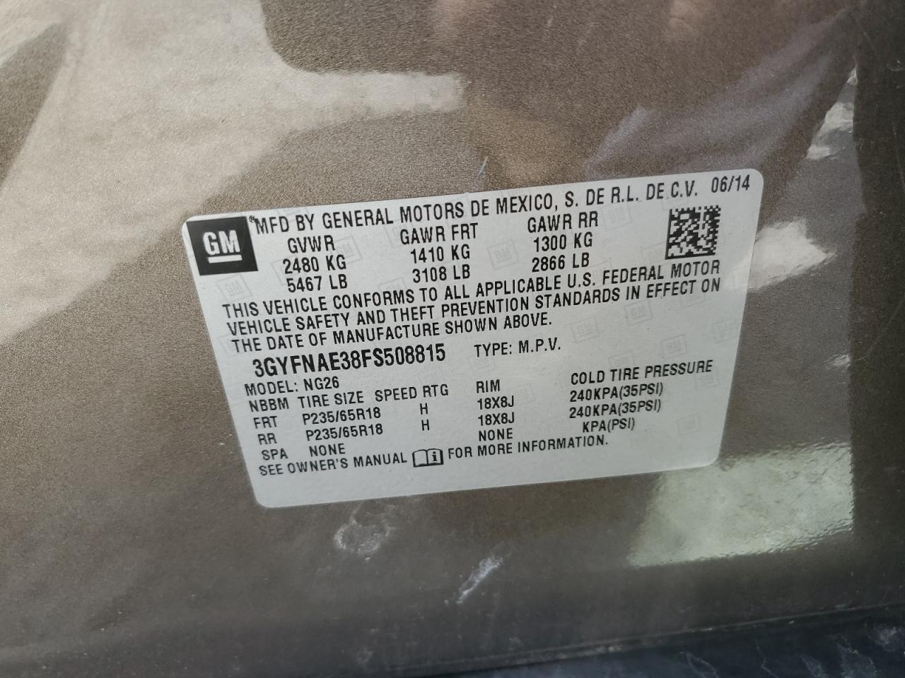 2015 Cadillac SRX VIN 3GYFNAE38FS508815 Copart auction photo, rear end / front end damage thumbnail 13