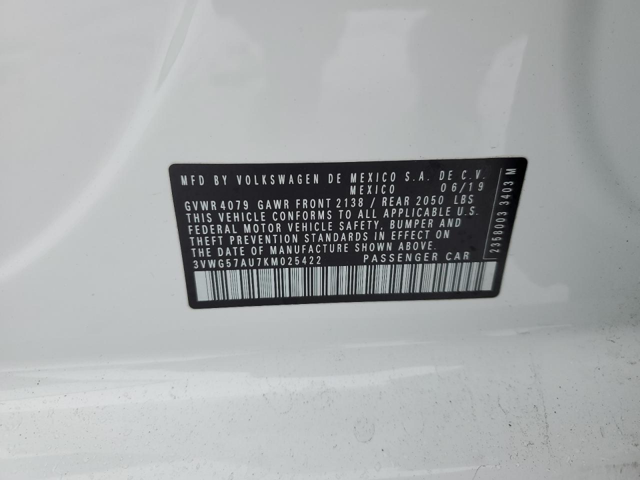 2019 Volkswagen Golf VIN 3VWG57AU7KM025422 Copart auction photo, front end / mechanical damage thumbnail 14