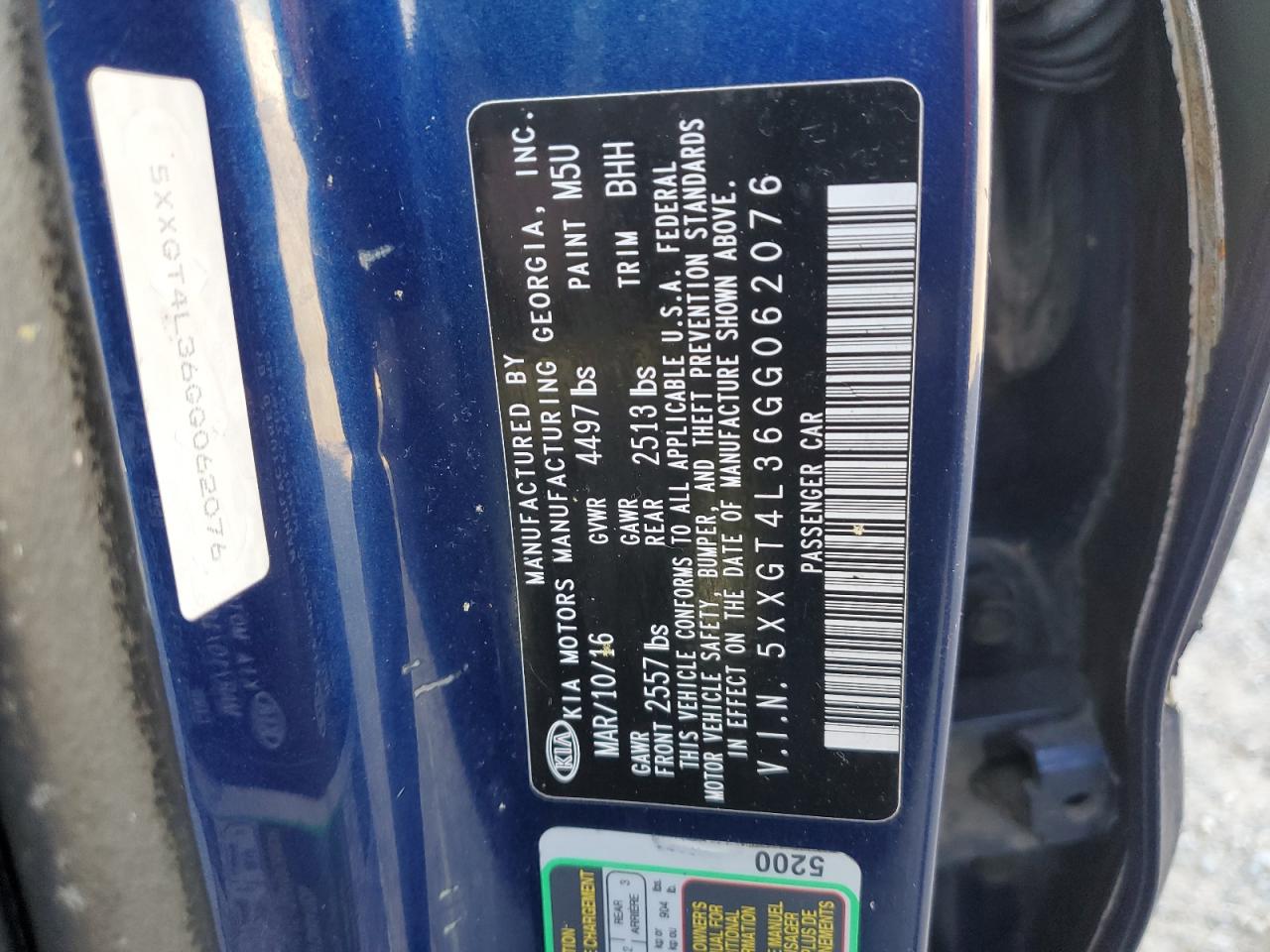2016 KIA Optima VIN 5XXGT4L36GG062076 Copart auction photo, side / rear end damage thumbnail 12