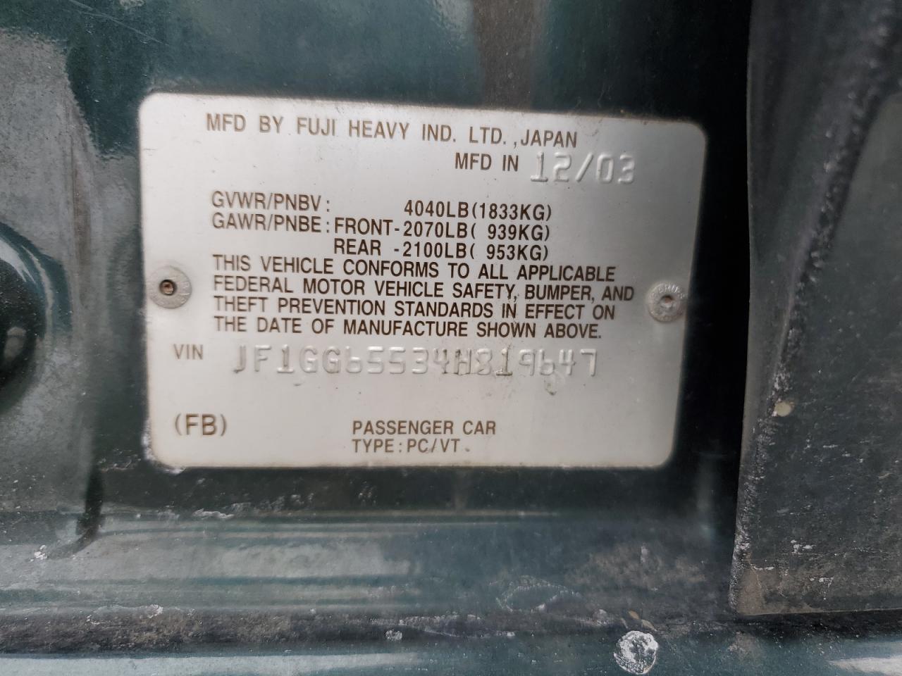 2004 Subaru Impreza VIN JF1GG65534H819647 Copart auction photo, front end / minor dent/scratches damage thumbnail 12
