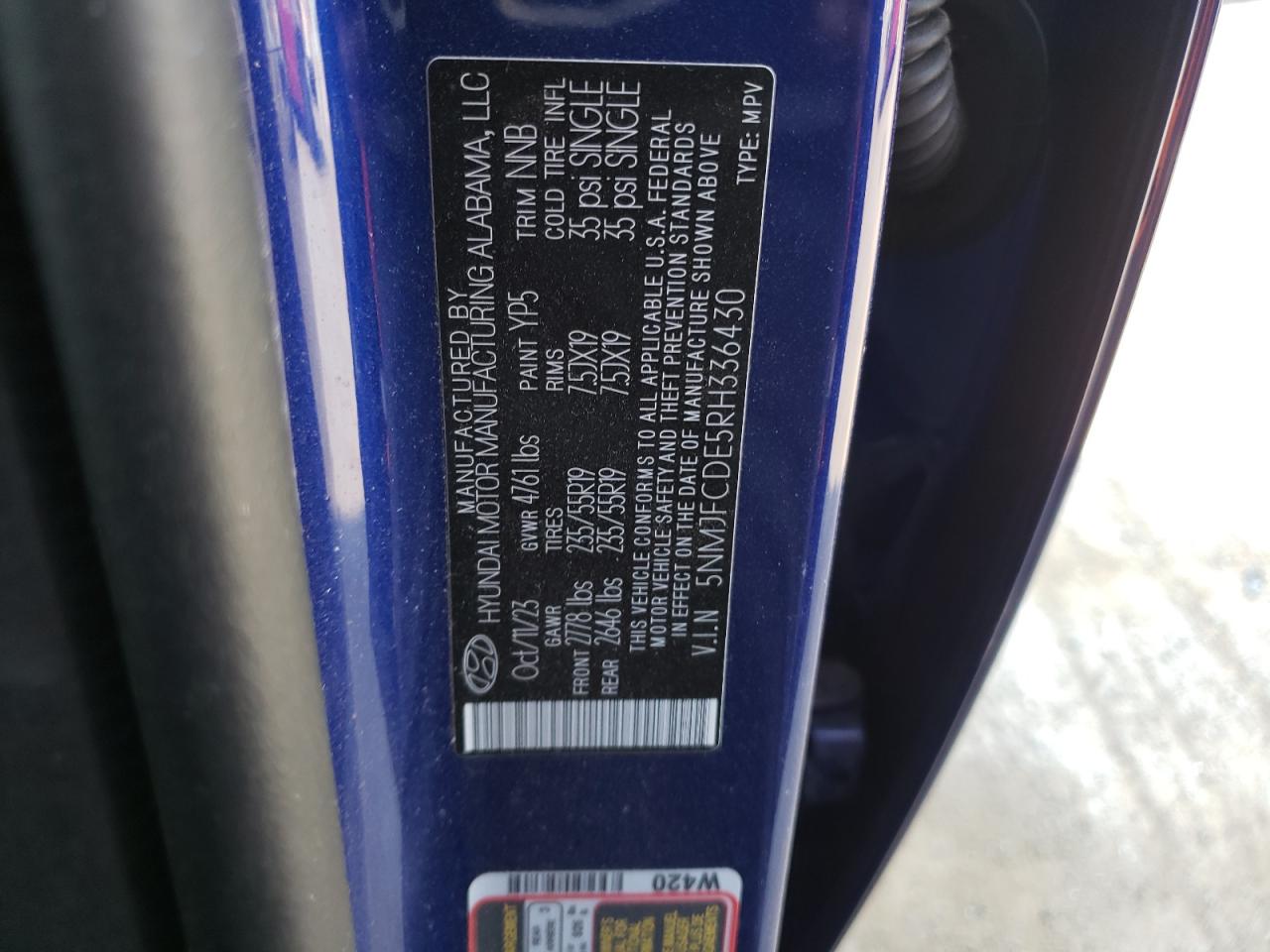 2024 Hyundai Tucson VIN 5NMJFCDE5RH336430 Copart auction photo, rollover damage thumbnail 14