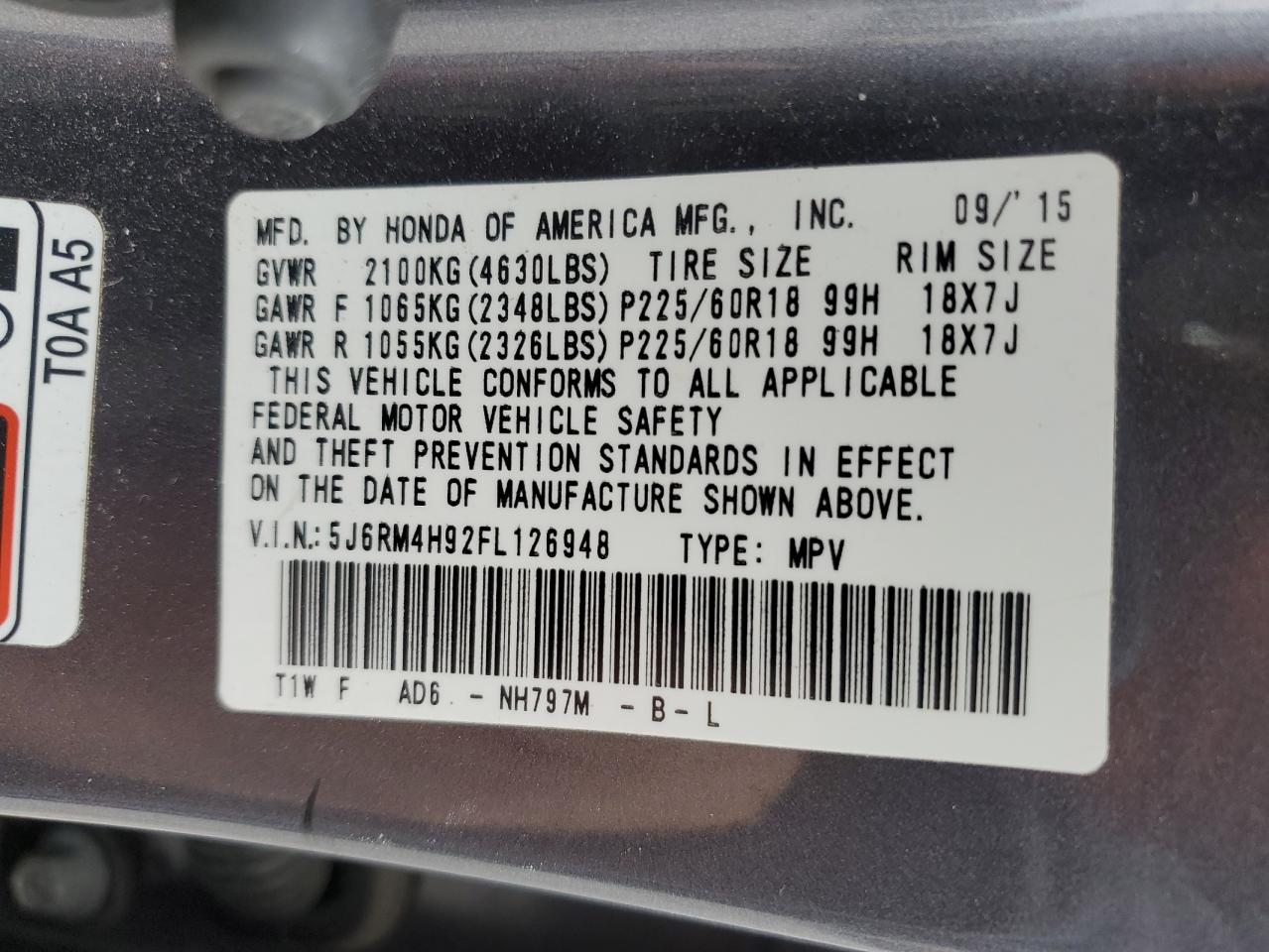 2015 Honda CR-V VIN 5J6RM4H92FL126948 Copart auction photo, side damage thumbnail 15