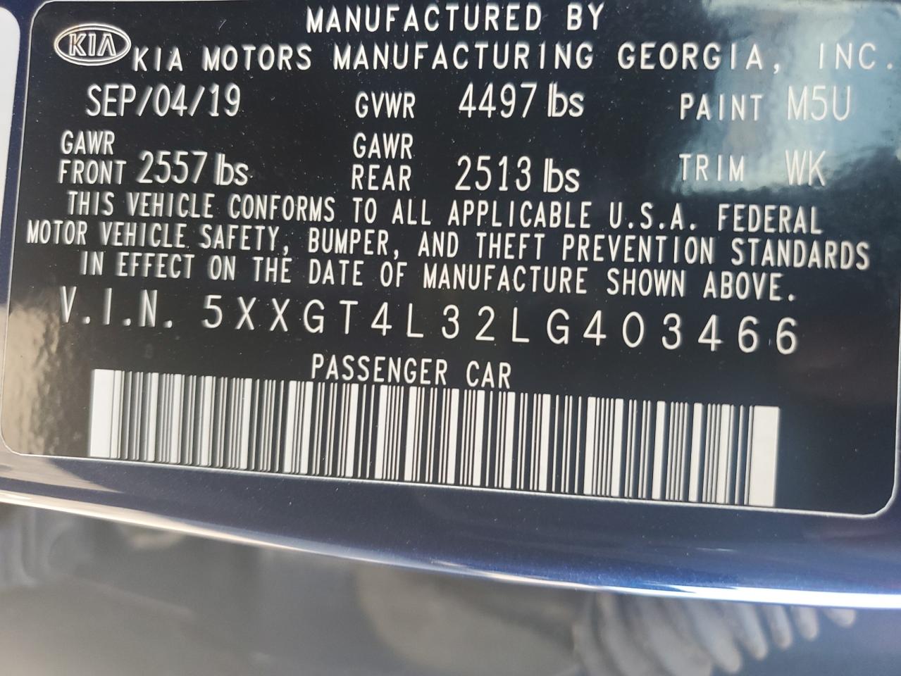 2020 KIA Optima VIN 5XXGT4L32LG403466 Copart auction photo, side damage thumbnail 12