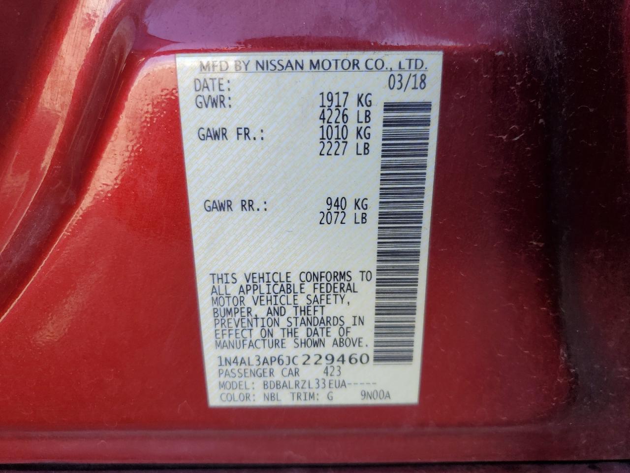 2018 Nissan Altima VIN 1N4AL3AP6JC229460 Copart auction photo, front end damage thumbnail 12