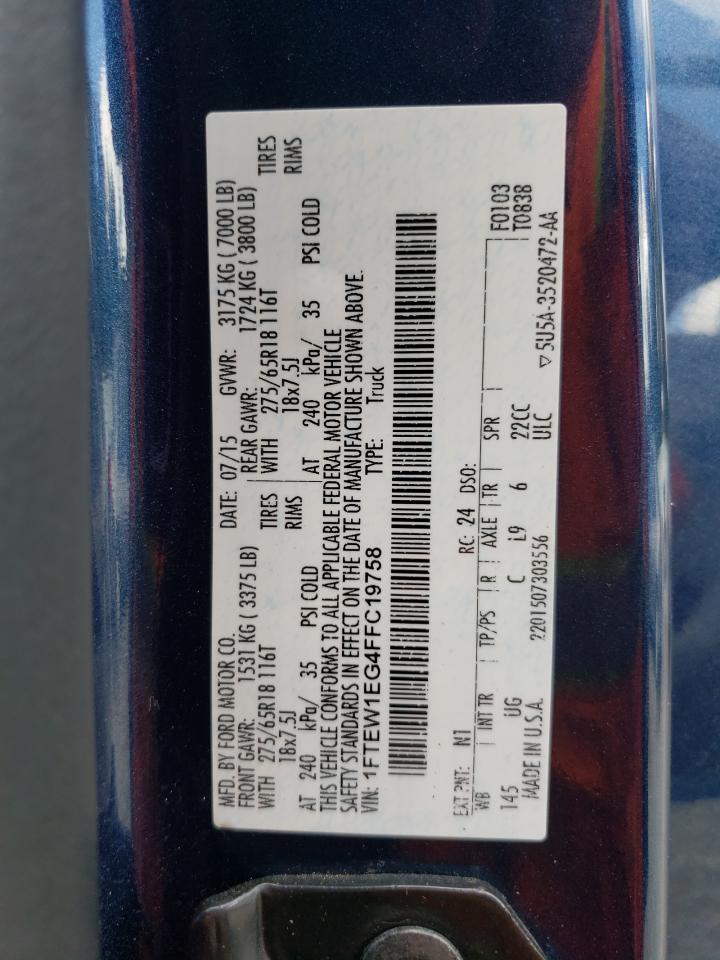 2015 Ford F-150 VIN 1FTEW1EG4FFC19758 Copart auction photo, rear end / side damage thumbnail 14