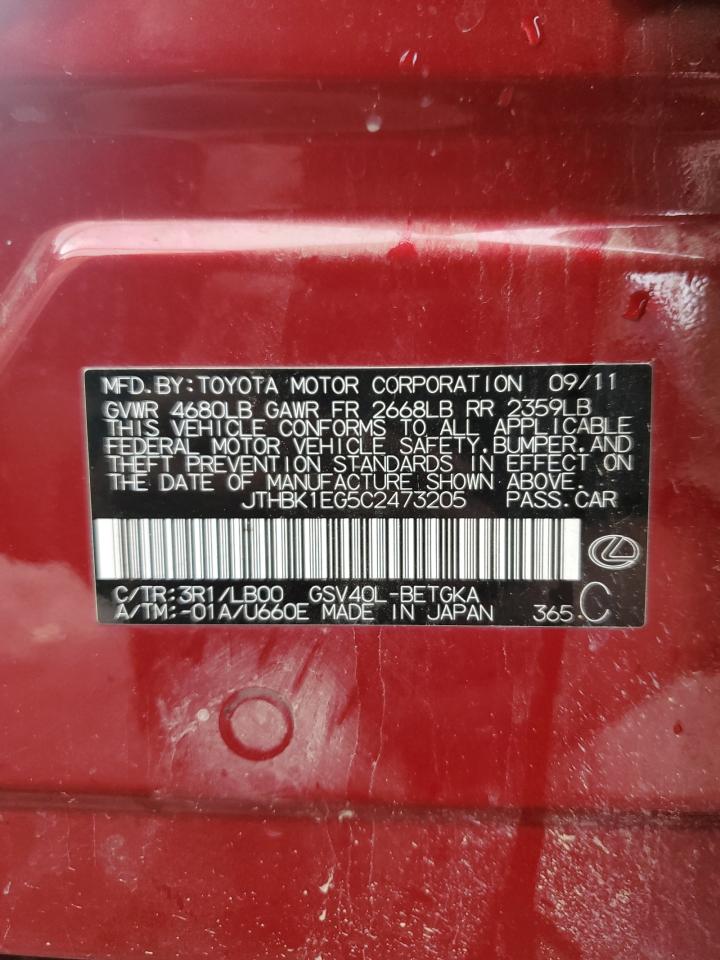 2012 Lexus ES VIN JTHBK1EG5C2473205 Copart auction photo, front end damage thumbnail 12