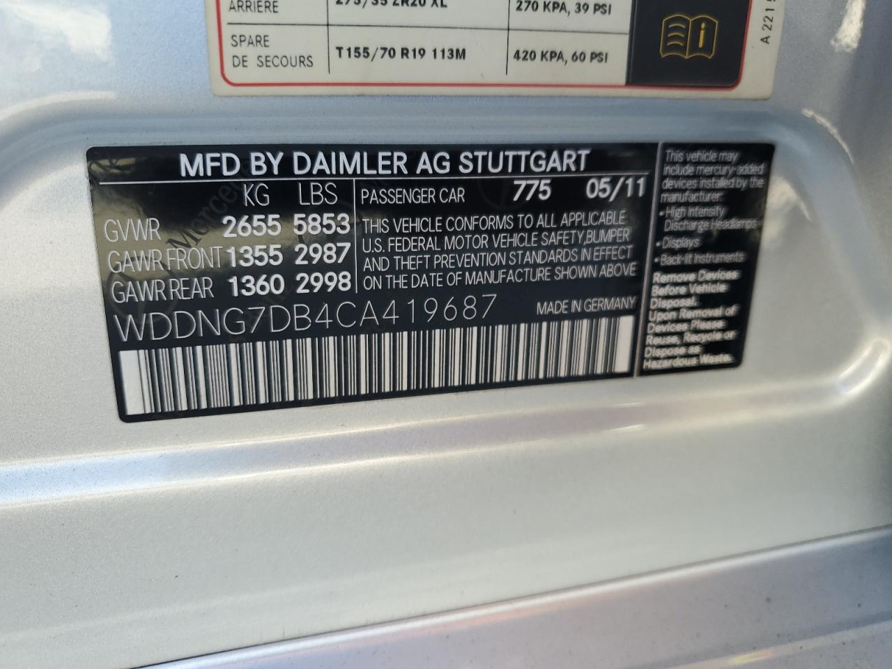 2012 Mercedes-Benz S-klasse VIN WDDNG7DB4CA419687 Copart auction photo, rear end damage thumbnail 15