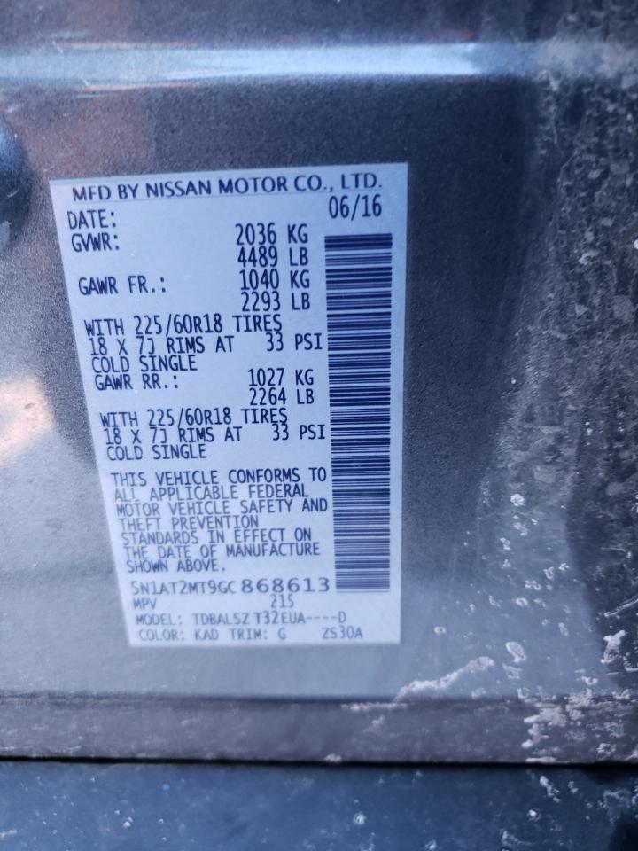 2016 Nissan Rogue VIN 5N1AT2MT9GC868613 Copart auction photo, side damage thumbnail 13