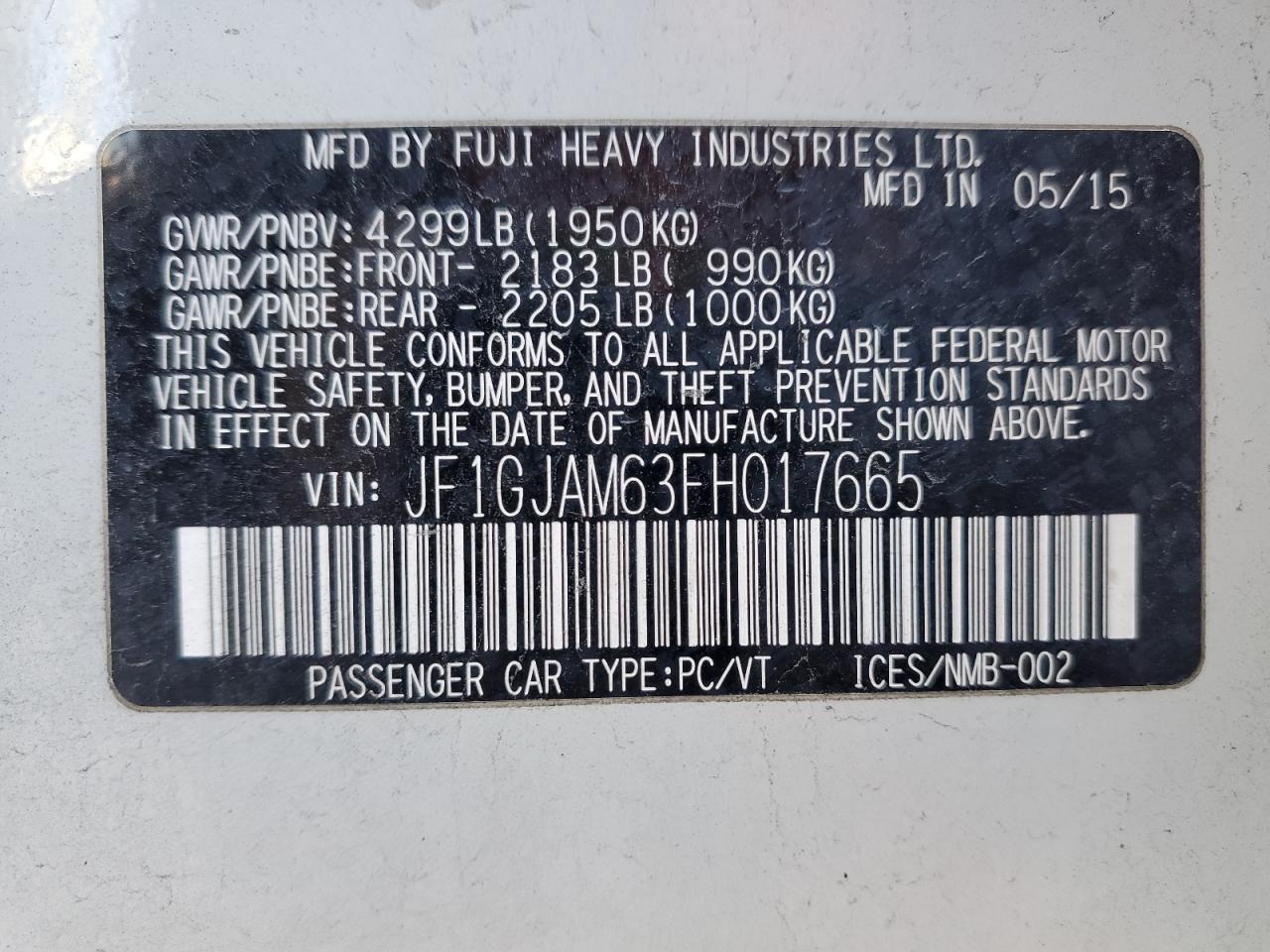 2015 Subaru Impreza VIN JF1GJAM63FH017665 Copart auction photo, front end / minor dent/scratches damage thumbnail 15