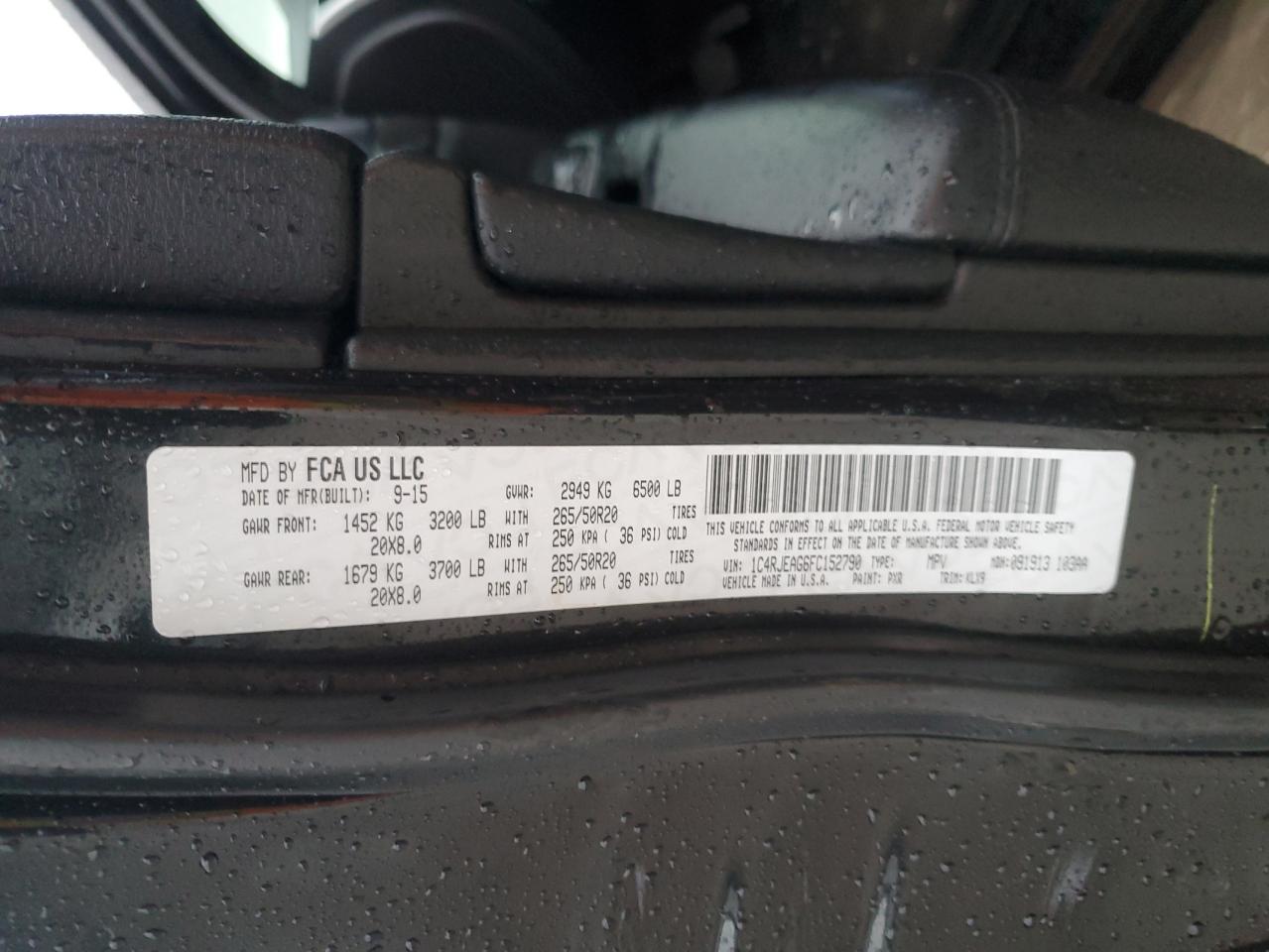 2015 Jeep Grand Cherokee VIN 1C4RJEAG6FC152790 Copart auction photo, front end damage thumbnail 13