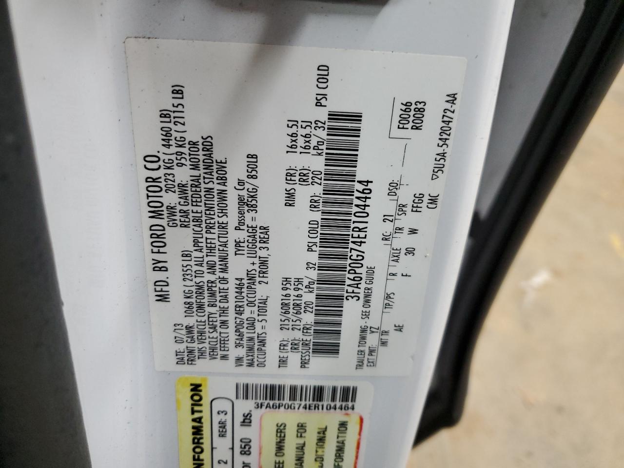 2014 Ford Fusion VIN 3FA6P0G74ER104464 Copart auction photo, all over damage thumbnail 12