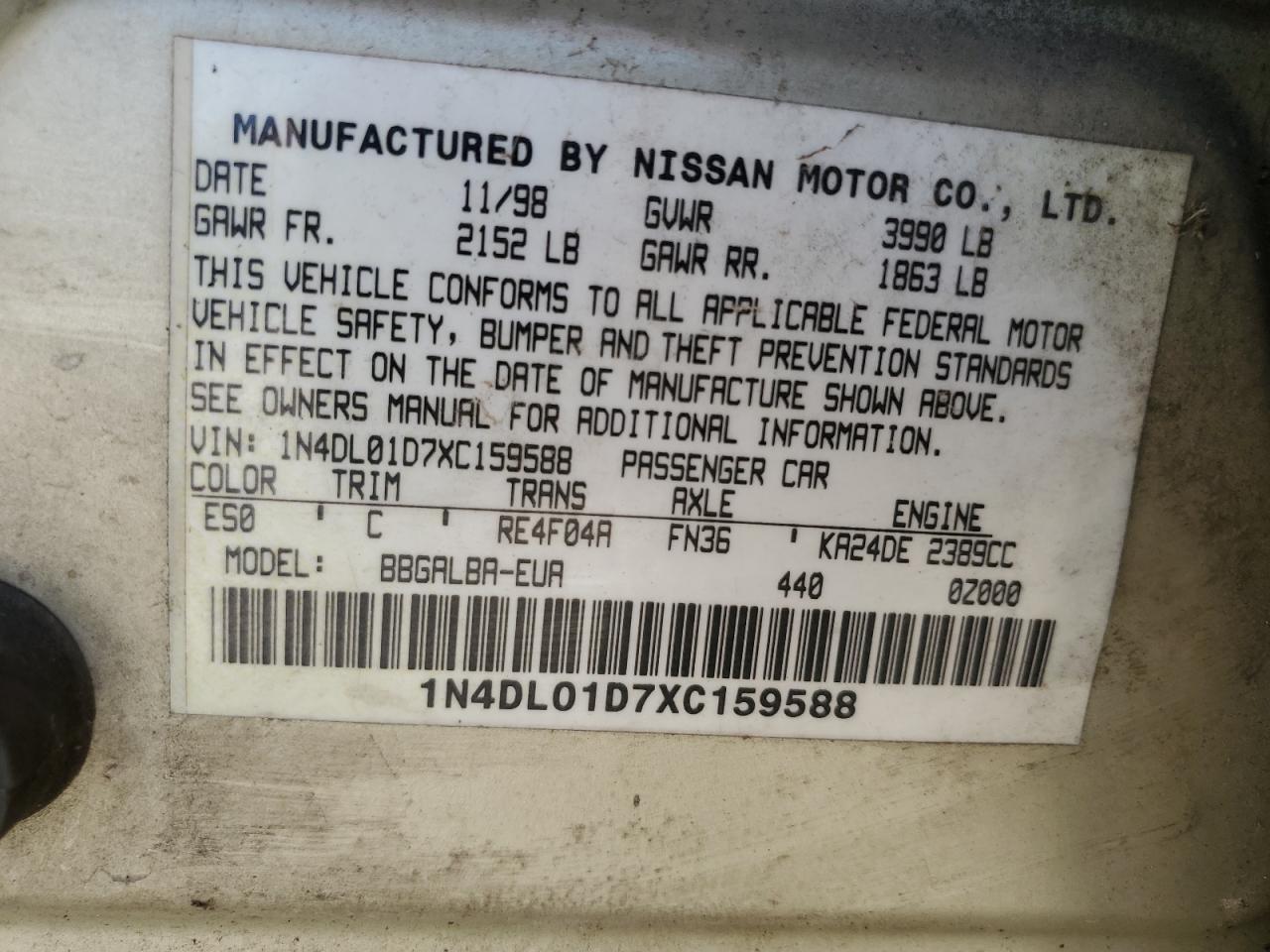 1999 Nissan Altima VIN 1N4DL01D7XC159588 Copart auction photo, front end damage thumbnail 12