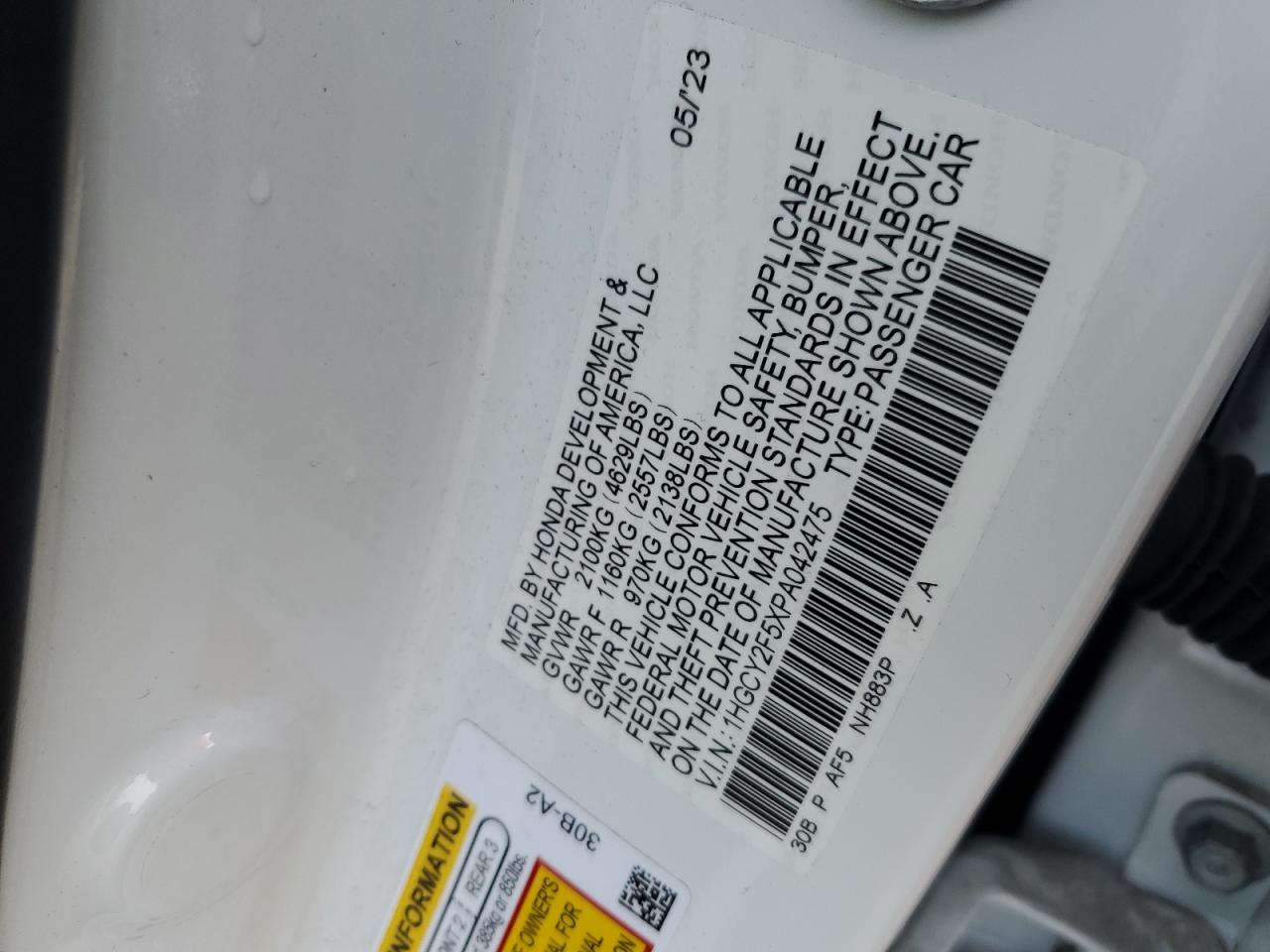 2023 Honda Accord VIN 1HGCY2F5XPA042475 Copart auction photo, front end / side damage thumbnail 12