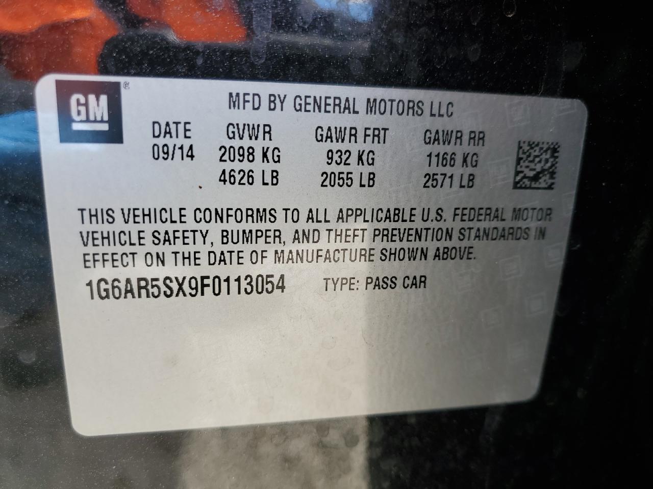 2015 Cadillac CTS VIN 1G6AR5SX9F0113054 Copart auction photo, front end / minor dent/scratches damage thumbnail 15