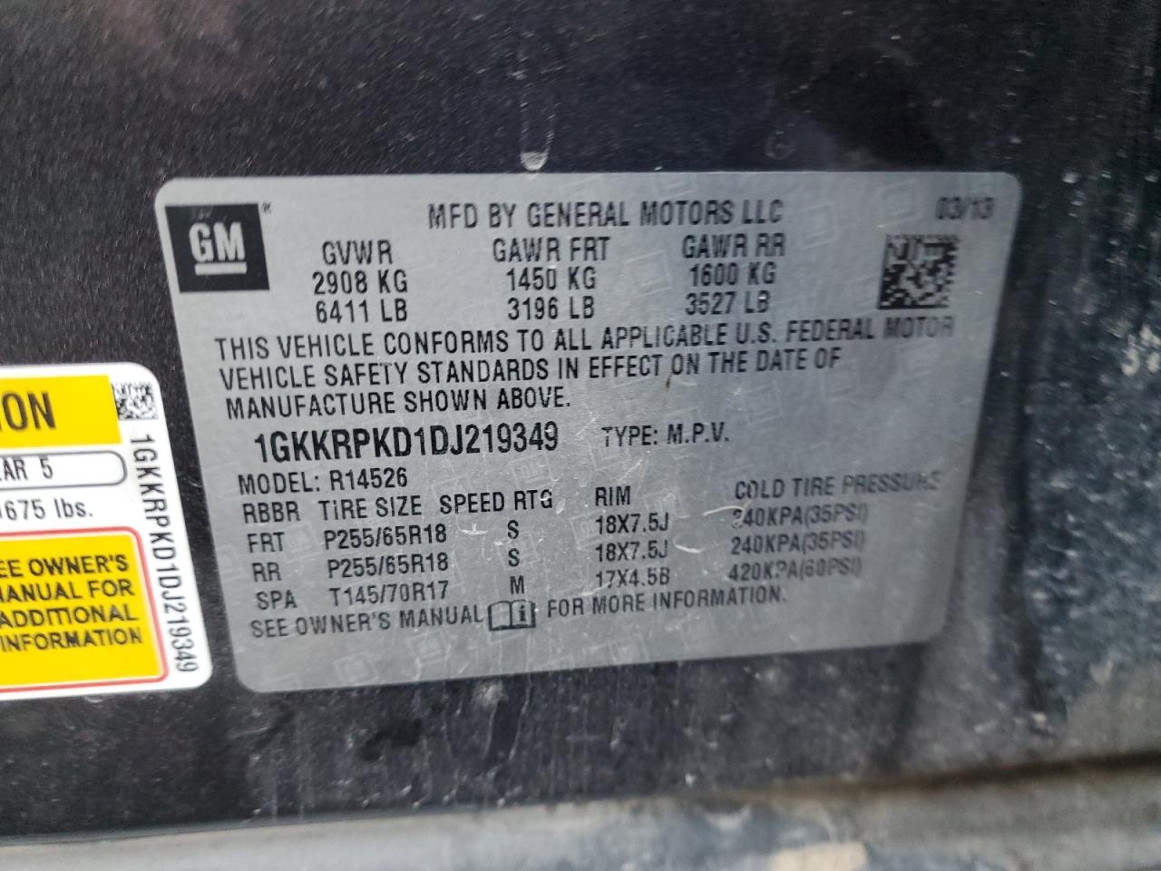2013 GMC Acadia VIN 1GKKRPKD1DJ219349 Copart auction photo, front end damage thumbnail 13