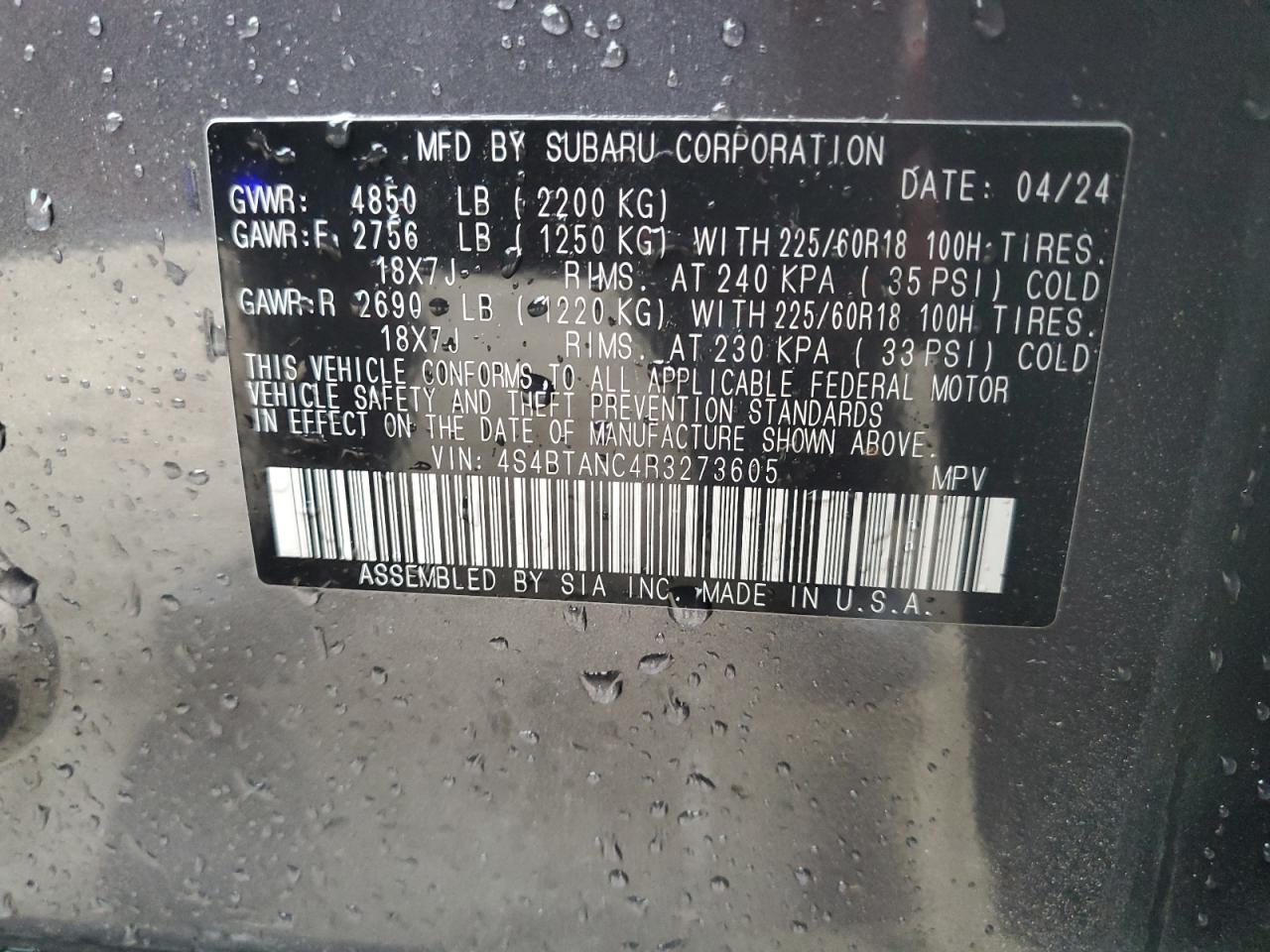 2024 Subaru Outback VIN 4S4BTANC4R3273605 Copart auction photo, rear end / minor dent/scratches damage thumbnail 13